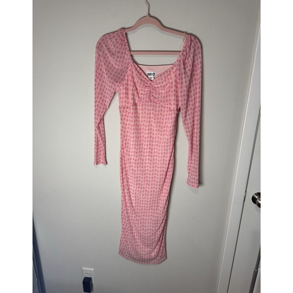 House of Aama Target  Pink Polka Dot Mesh Midi Dress Square Neck Puff Sleeve XS
